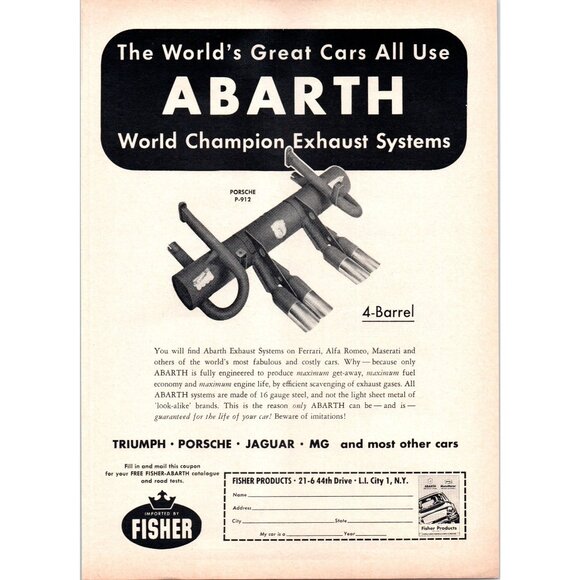 1967 Abarth Performance Exhaust Systems Vintage Print Ad Porsche Jaguar Wall Art - Picture 1 of 2